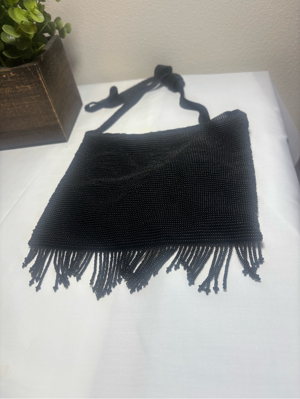 Vtg Heavy Glass Beaded Fringe Crossbody Evening Bag Black Satin Lining JL zip